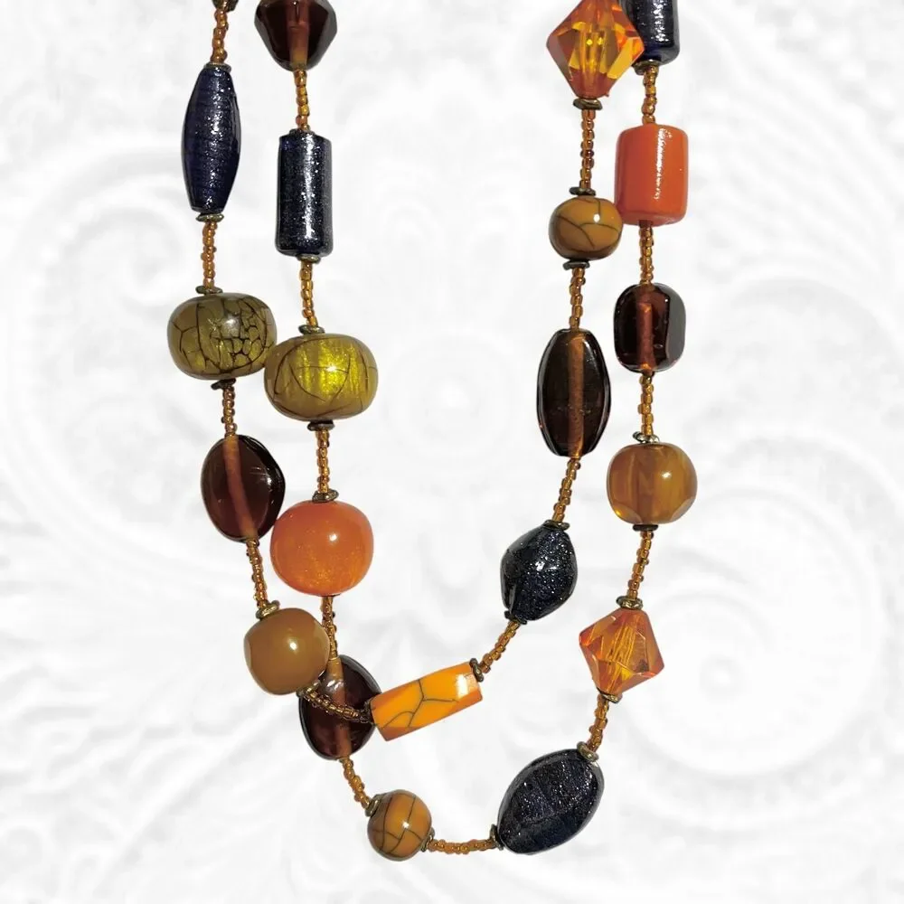VTG Mixed Media Beaded Necklace Long Layering Boho Chunky Glass Glitter Autumn